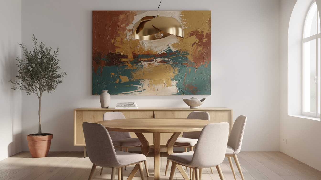 Abstract kunstwerk met warme aardetinten boven een houten dressoir in een stijlvolle eetkamer