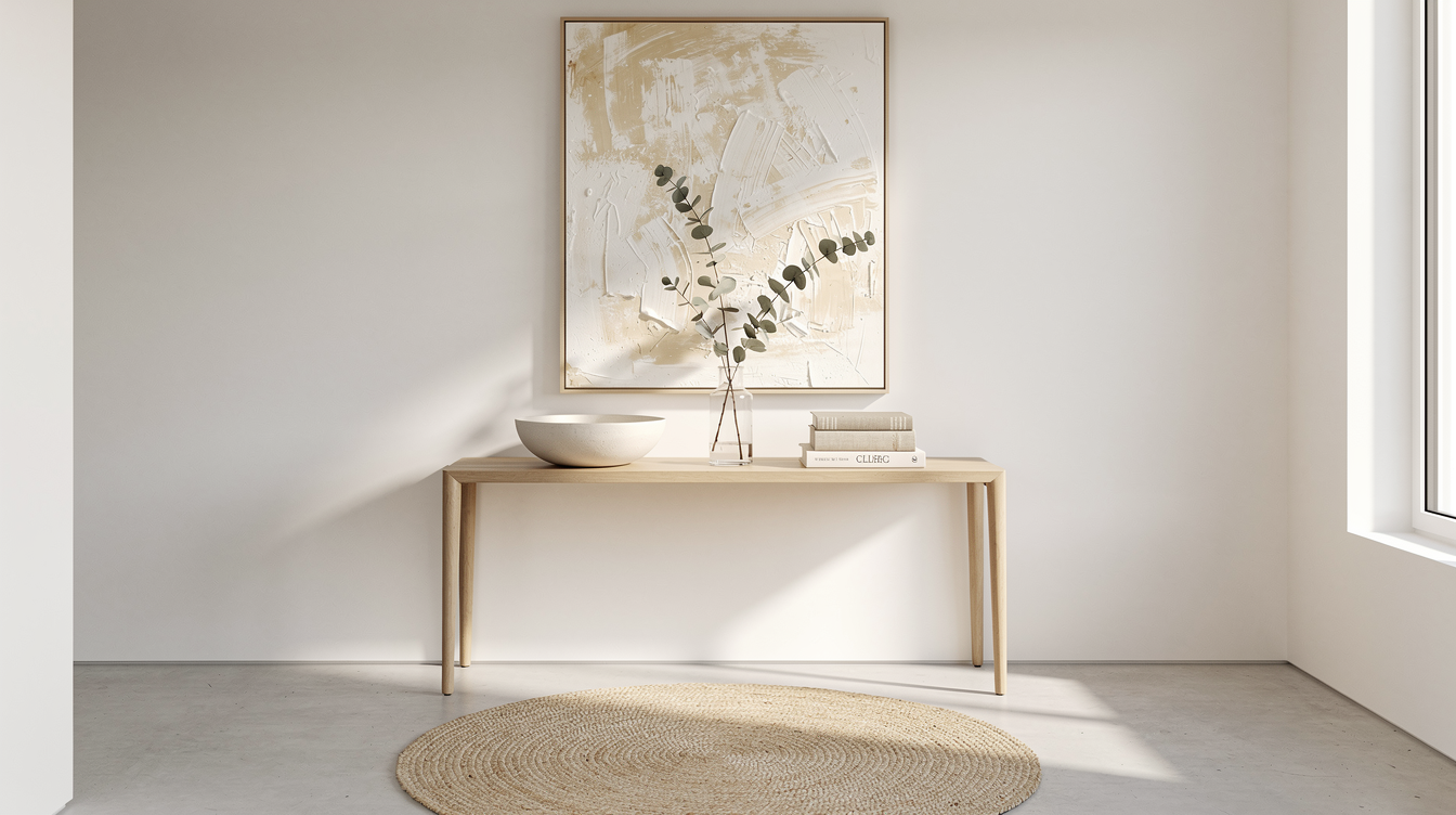 Abstract white artwork above an oak console table in a bright hallway with natural materials