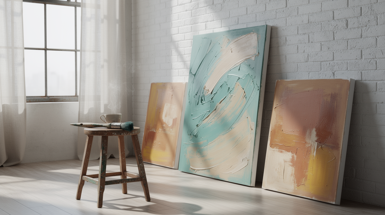 Kunstenaarstudio met abstracte doeken in teal en zandtinten tegen een witgekalkte bakstenen muur