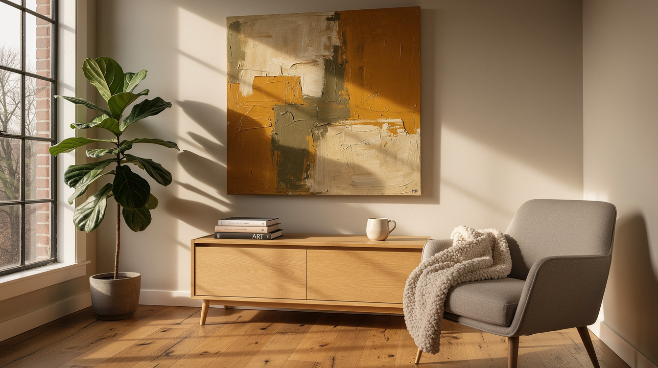 Abstract painting in warm earth tones above a styled wooden credenza in a sunlit home workspace nook