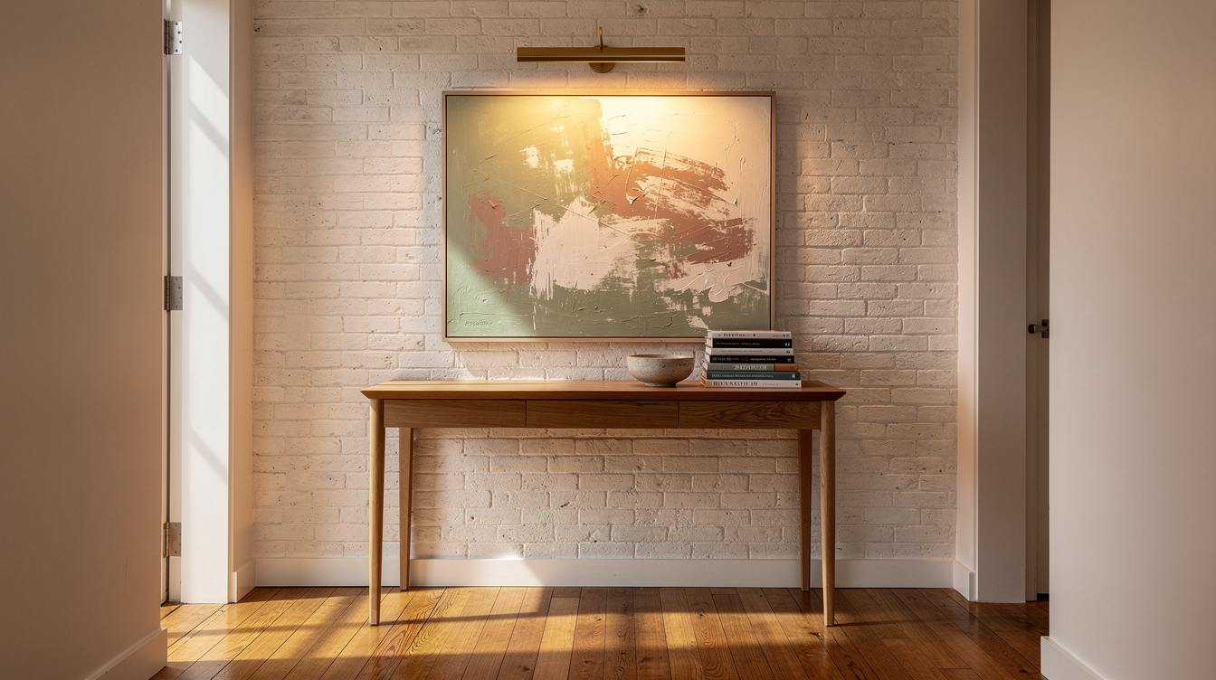 Abstract painting in soft green and rose tones illuminated by a brass picture light above an oak console table in a hallway