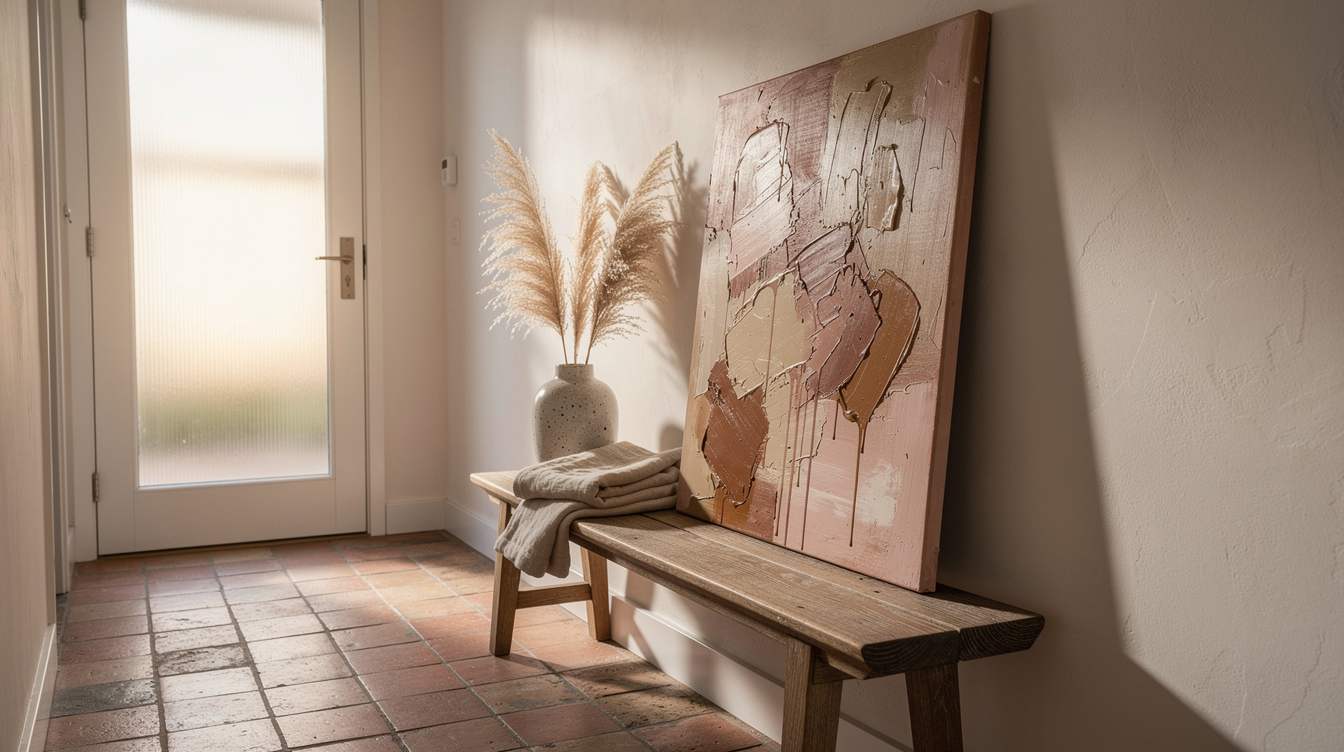 Abstract kunstwerk met zichtbare verflagen leunend tegen een gepleisterde muur in een hal naast een verweerde eikenhouten bank