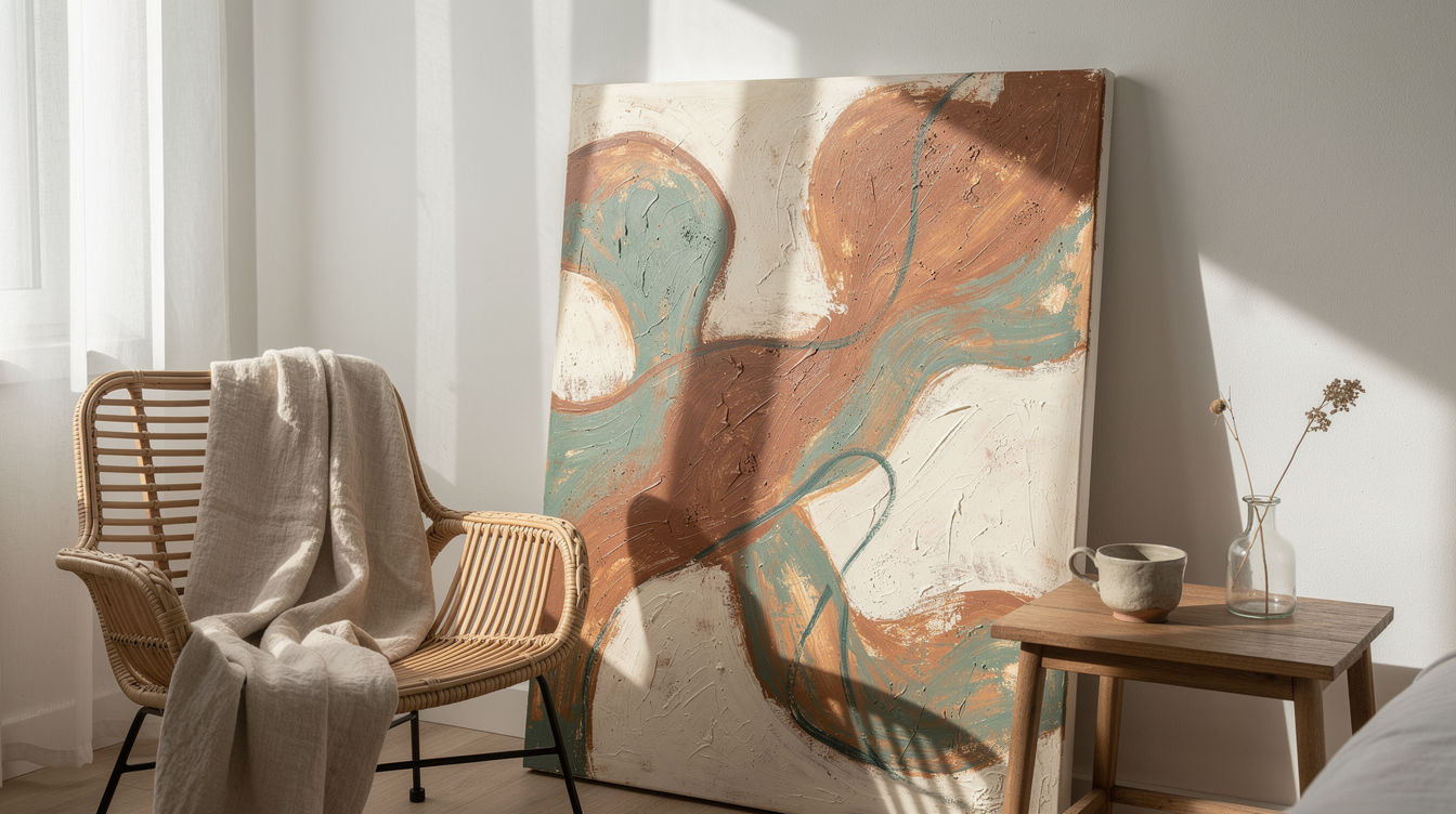 Abstract painting with organic forms in terracotta and teal in a serene bedroom corner with natural light